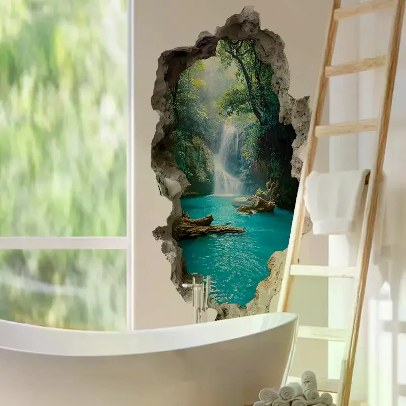 Creative Hole Valley Waterfall Scenic Wall Stickers Landscape Wall Stickers For Bedrooms Room Bathroom Home Decoration Stickers