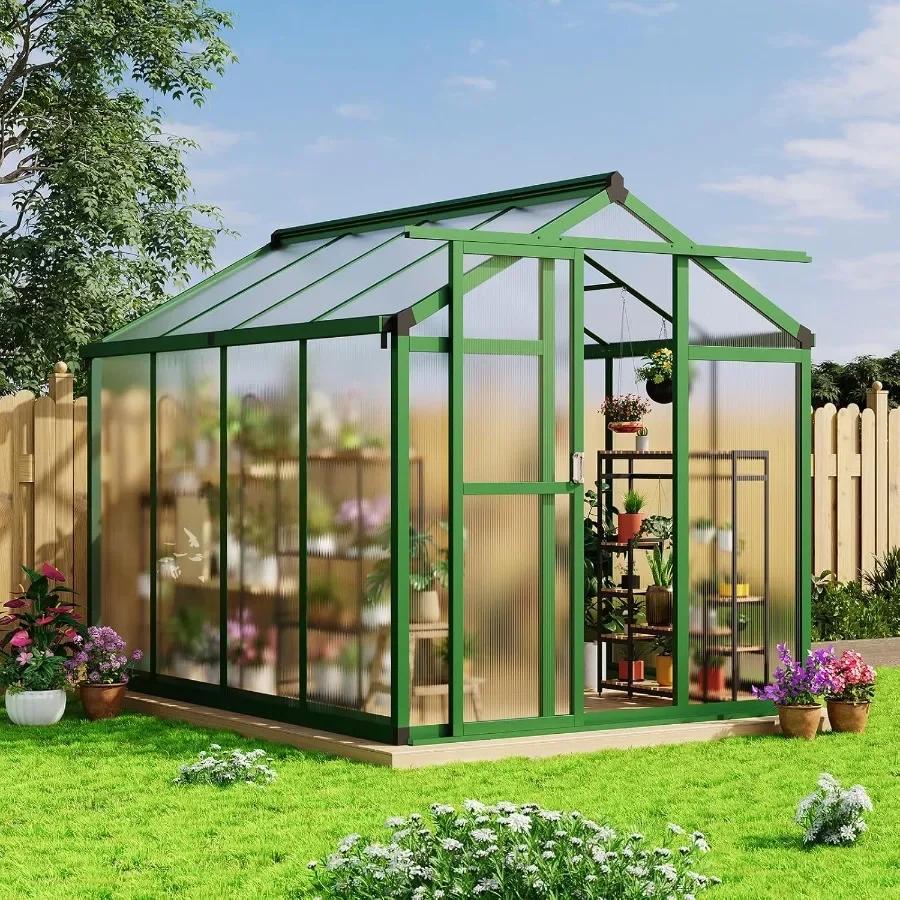 

6x8 FT Polycarbonate Greenhouse with Roof Vent - Large Aluminum Walk-in Greenhouse Kit for Gardening Backyard Patio Lawn - Easy