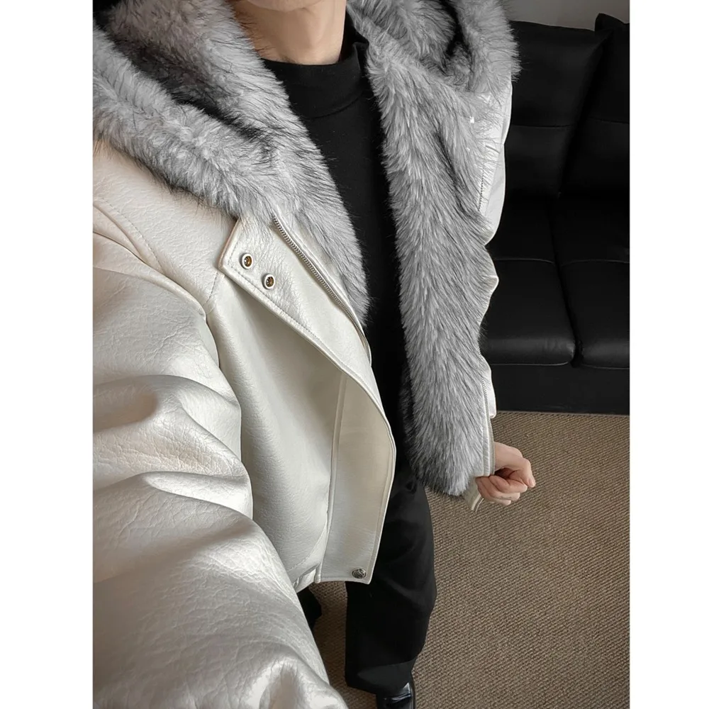 Autumn and winter fashionable hooded and fleece jacket, high-quality zipper loose windproof and warm PU leather jacket