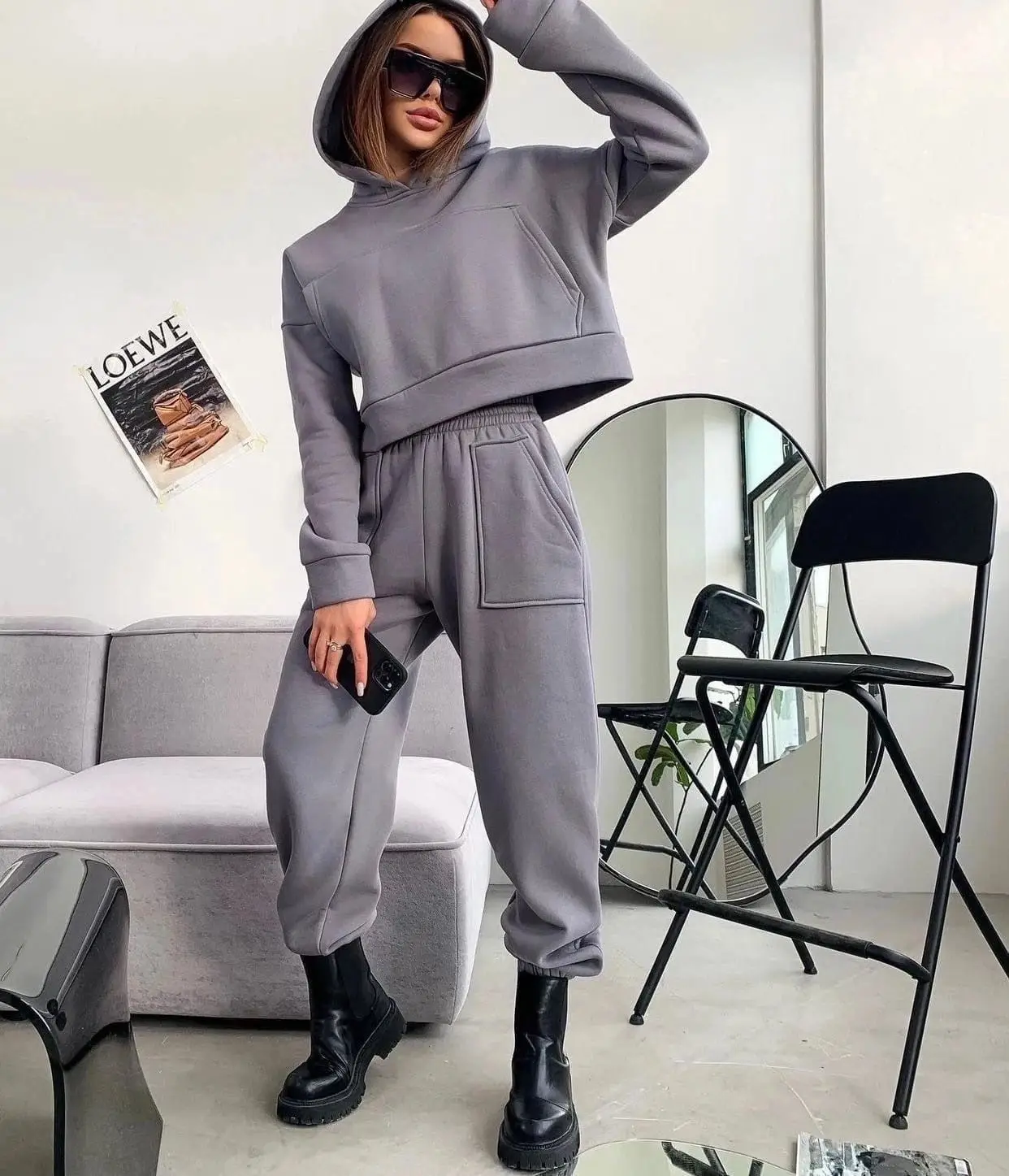 Women's Tracksuit Casual Solid Long Sleeve Hooded Sport Suits Autumn Warm Hoodie Sweatshirts And Long Pant Fleece Two Piece Sets