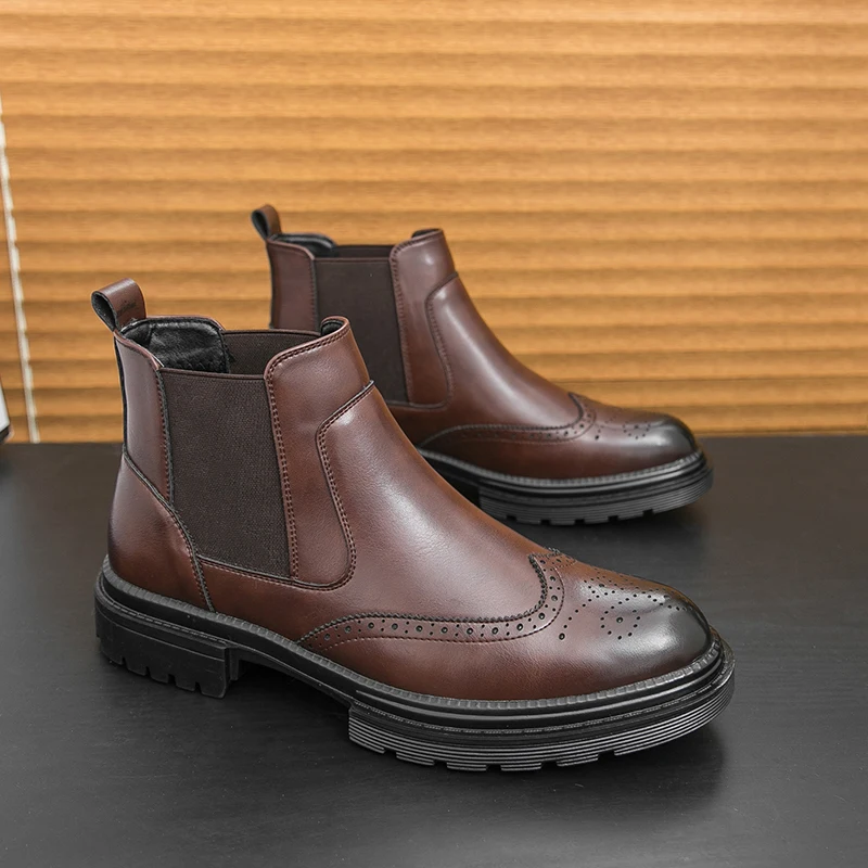 

Winter Retro Men Business Chelsea Leather Boots Men Boots Casual Thick-soled Anti-slip Brand Training Boots Social Boots Men