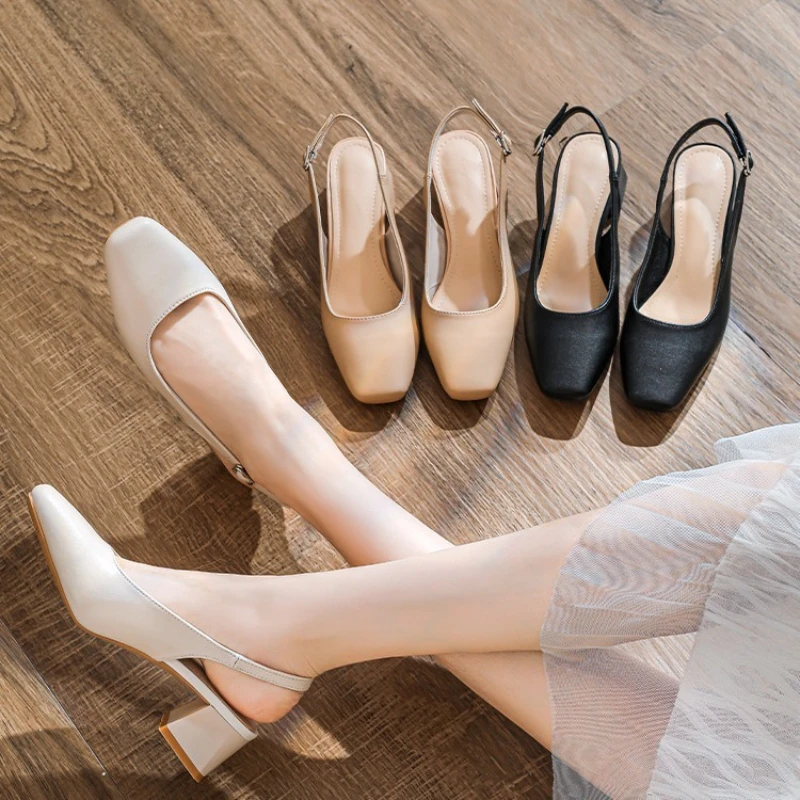 

Новинка 202, женская обувь на высоком толстом каблуке, французские сандалии Baotou с неглубоким носком, женские летние большие босоножки на грубом каблуке