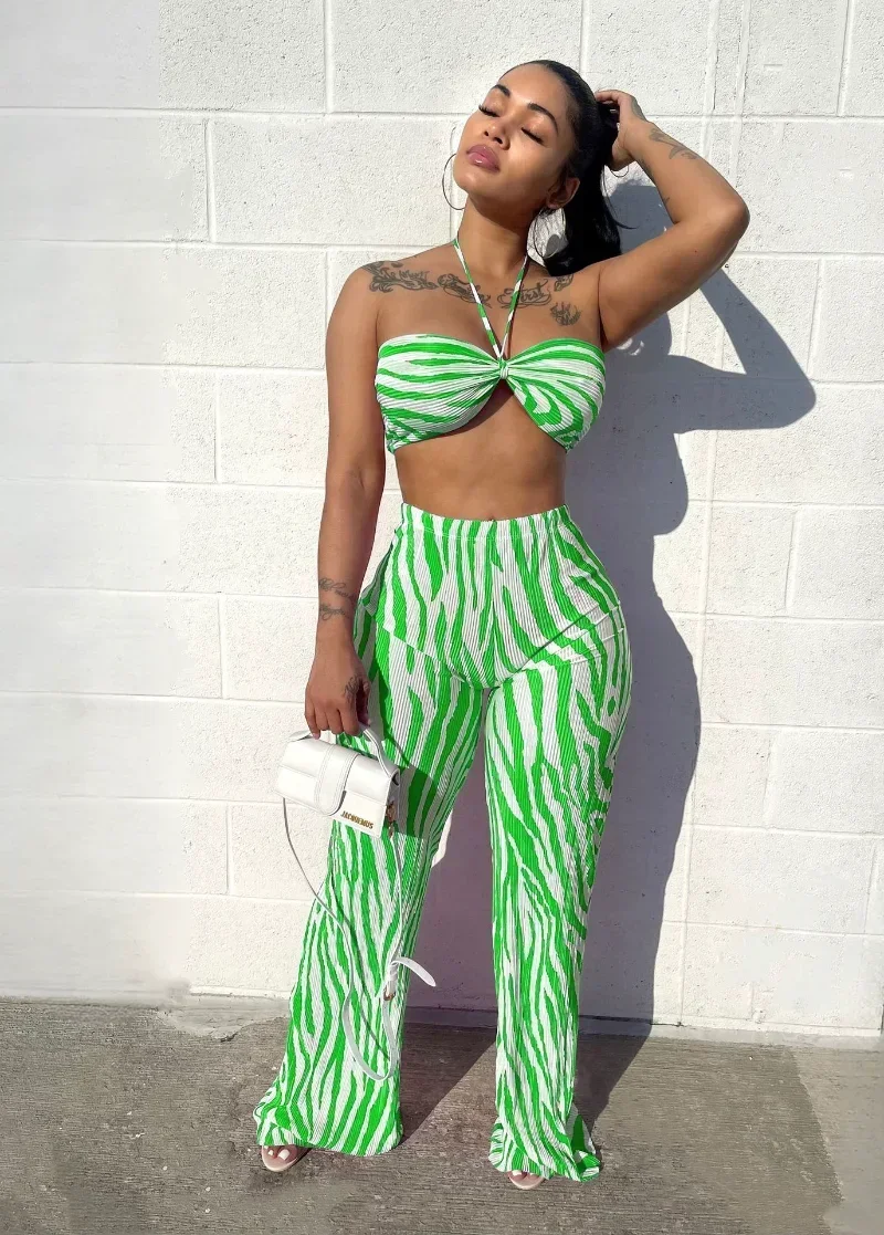 

GUWU Zebra Printed Pleated Women's Set Crop Top and Wide Leg Pants Suit Summer Fashion Two 2 Piece Set Outfits Tracksuit