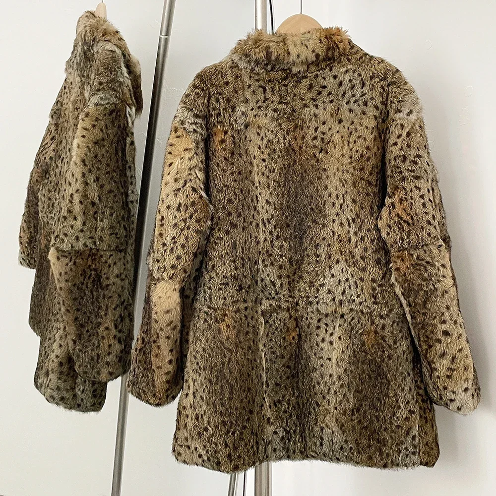 2025 Women Coat New Autumn Winter Leopard Real Rabbbit Jacket Female Warm Medium Length Natural Coat Lady