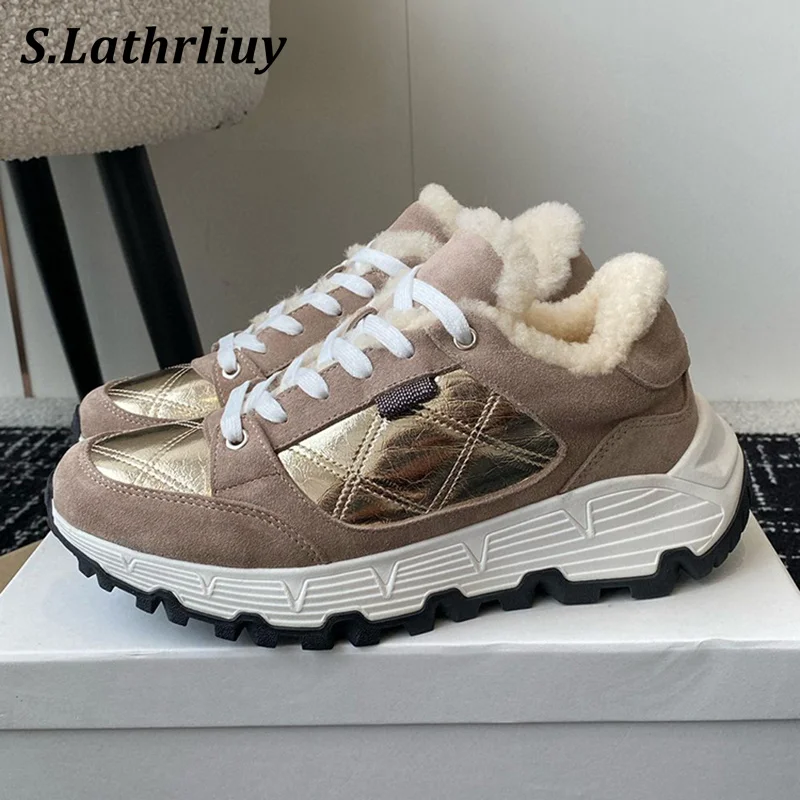 

Women's Mixed Color Patchwork Thick Bottom Sneakers Round Toe Lace Up Flat Shoes Autumn Winter Warm Wool Lining Casual Shoes