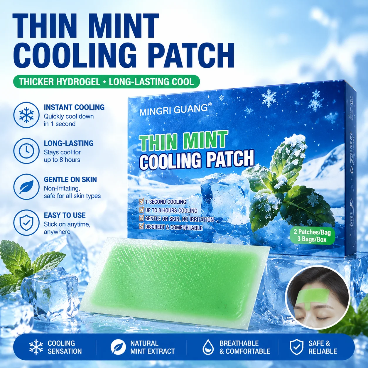 Sanqi Mint Cooling Patch for Summer Cooling, Student Outdoor Ice Compression, Heat Reduction, Portable Cooling Patch