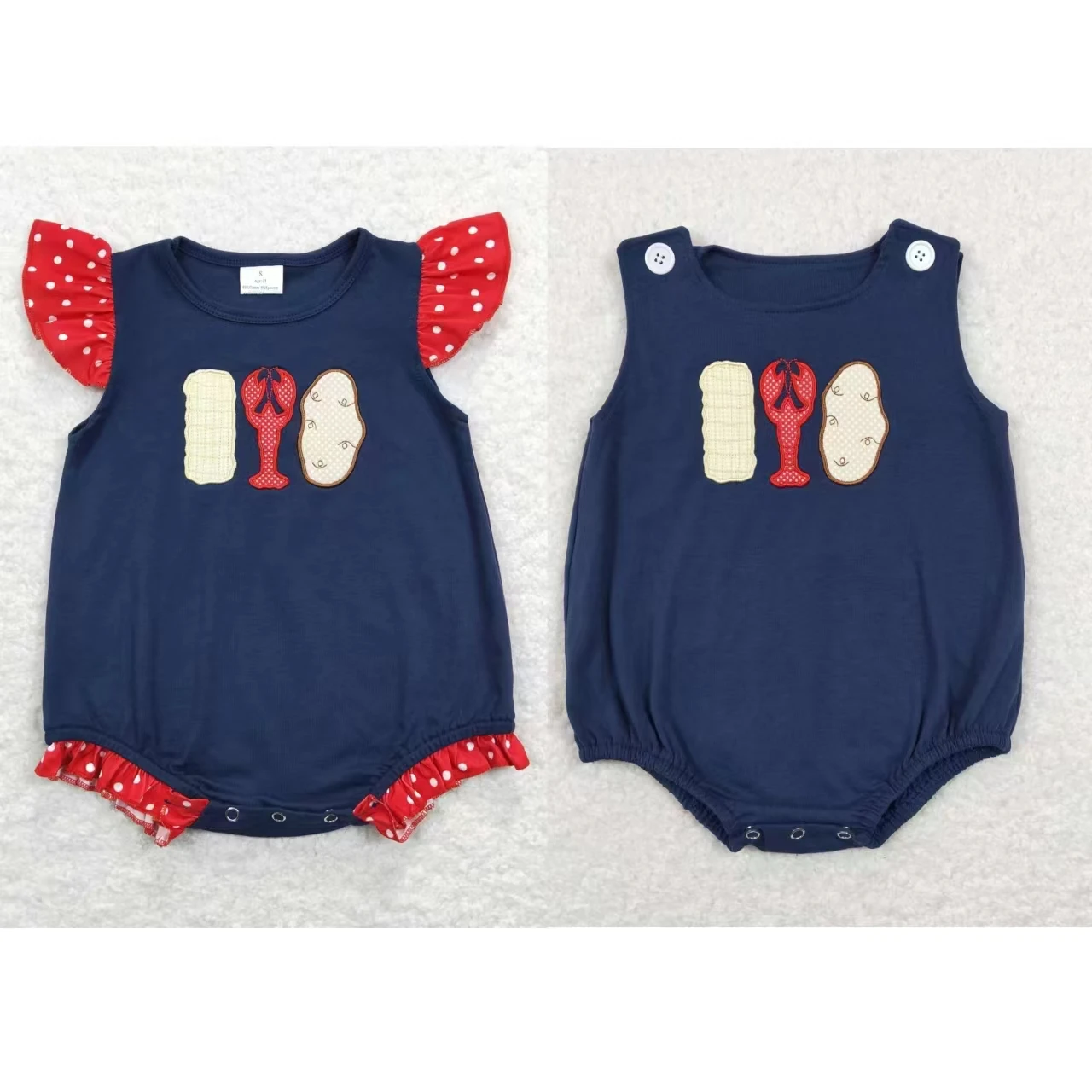 Wholesale Kids Children Embroidery Crawfish Potatoes Romper Toddler Summer Sleeveless One-piece Baby Boy Girl Newborn Clothing