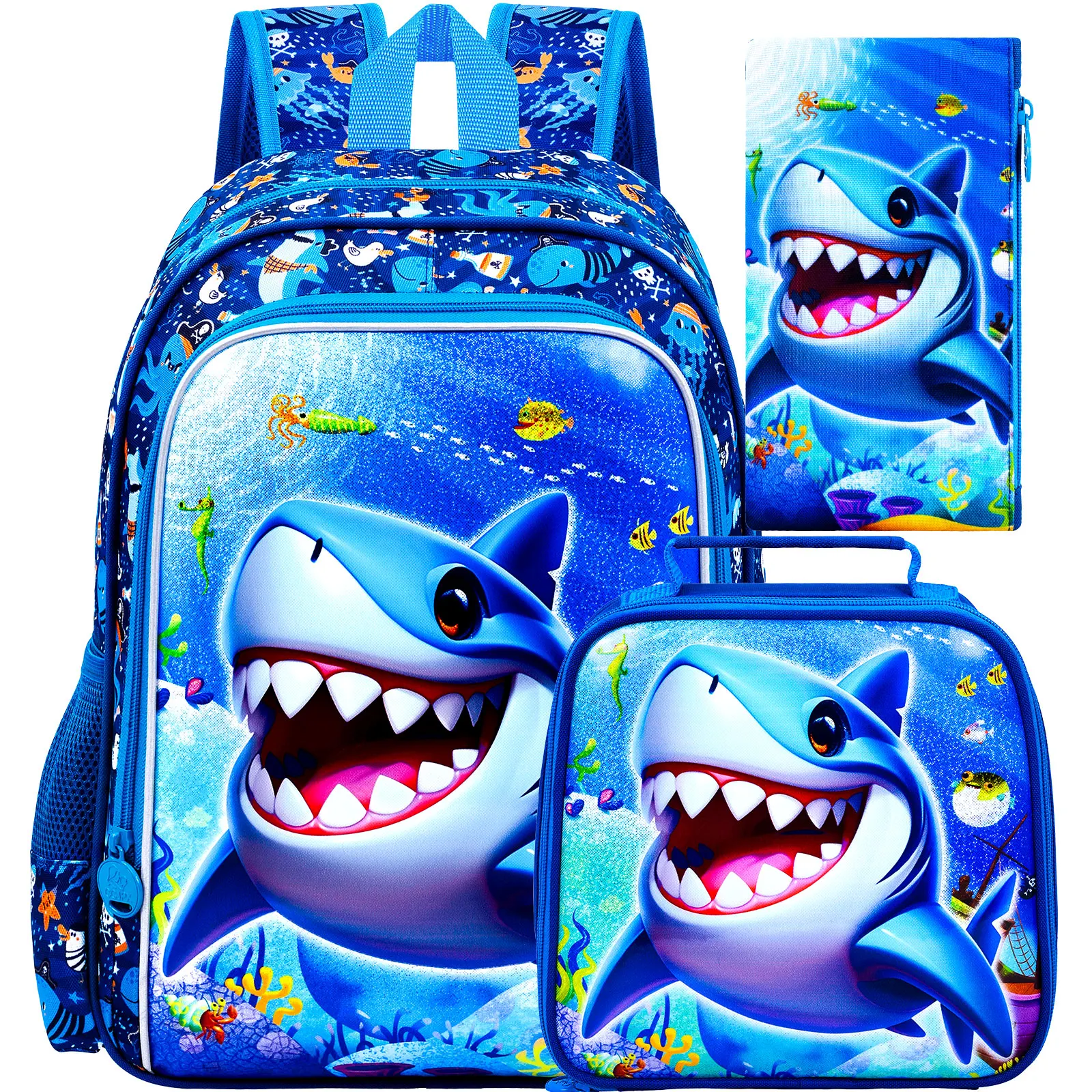

16" Shark Backpack for Boys, 3Pcs Kids Bookbag with Lunch Box, School Backpacks for Elementary Preschool Kindergarten (Blue)