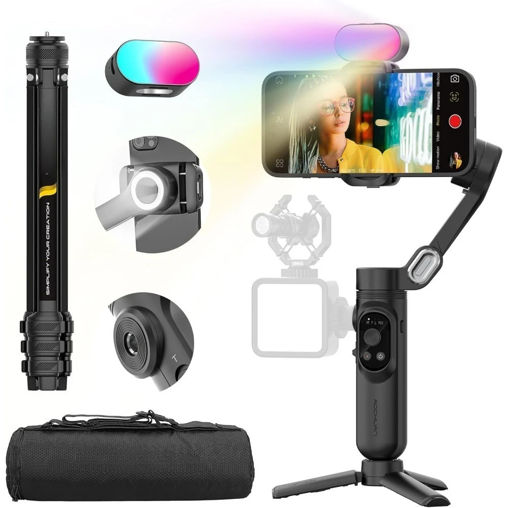 NEW-3-Axis Gimbal Stabilizer for iPhone وAndroid مع ضوء RGB، Gimbal للهاتف المحمول لتسجيل الفيديو مع AI