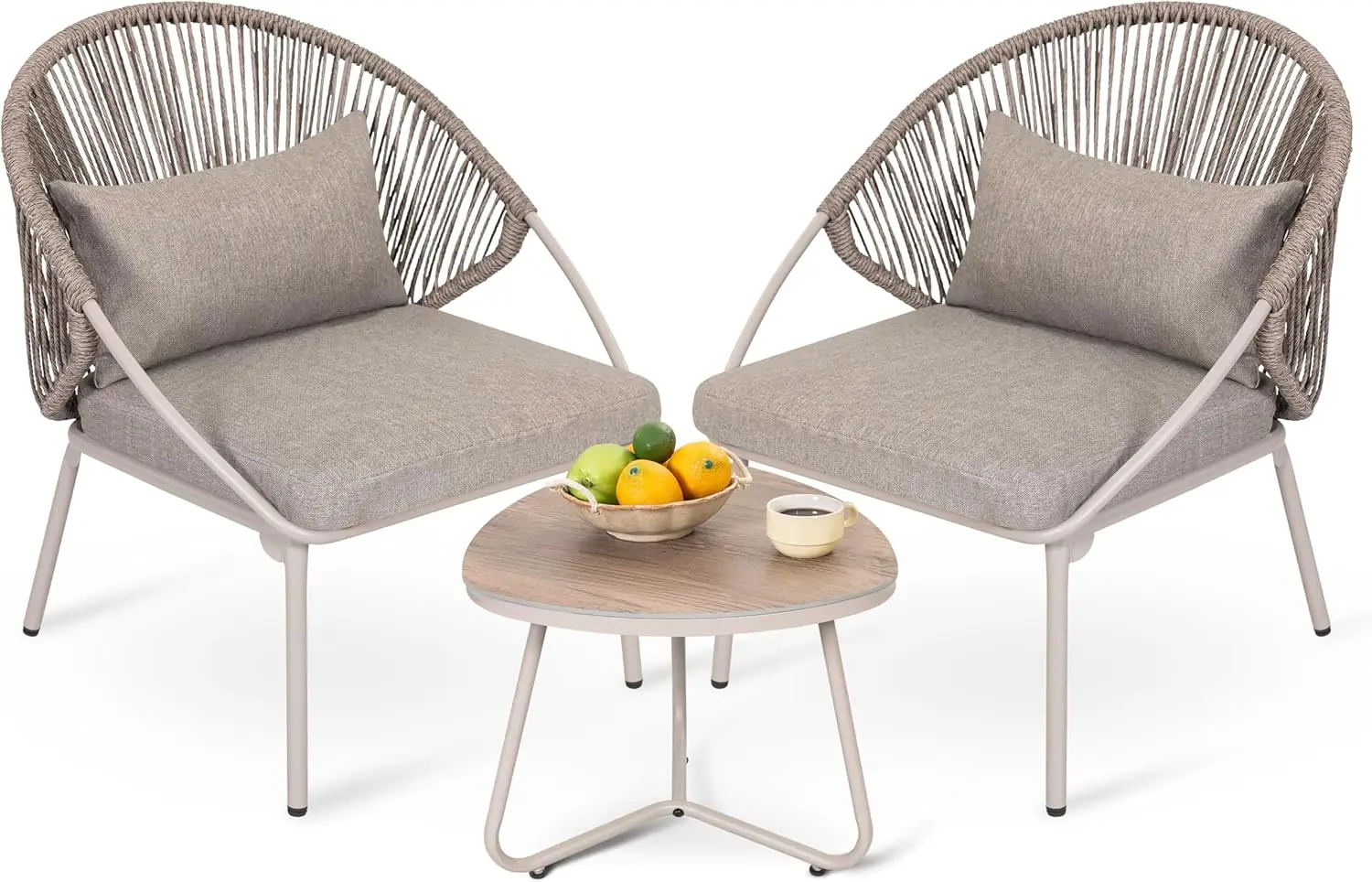 Outdoor 3-Piece Bistro Set with Woven Rope Chairs, Zippered Cushions, All-Weather Patio Furniture for Balcony or Deck