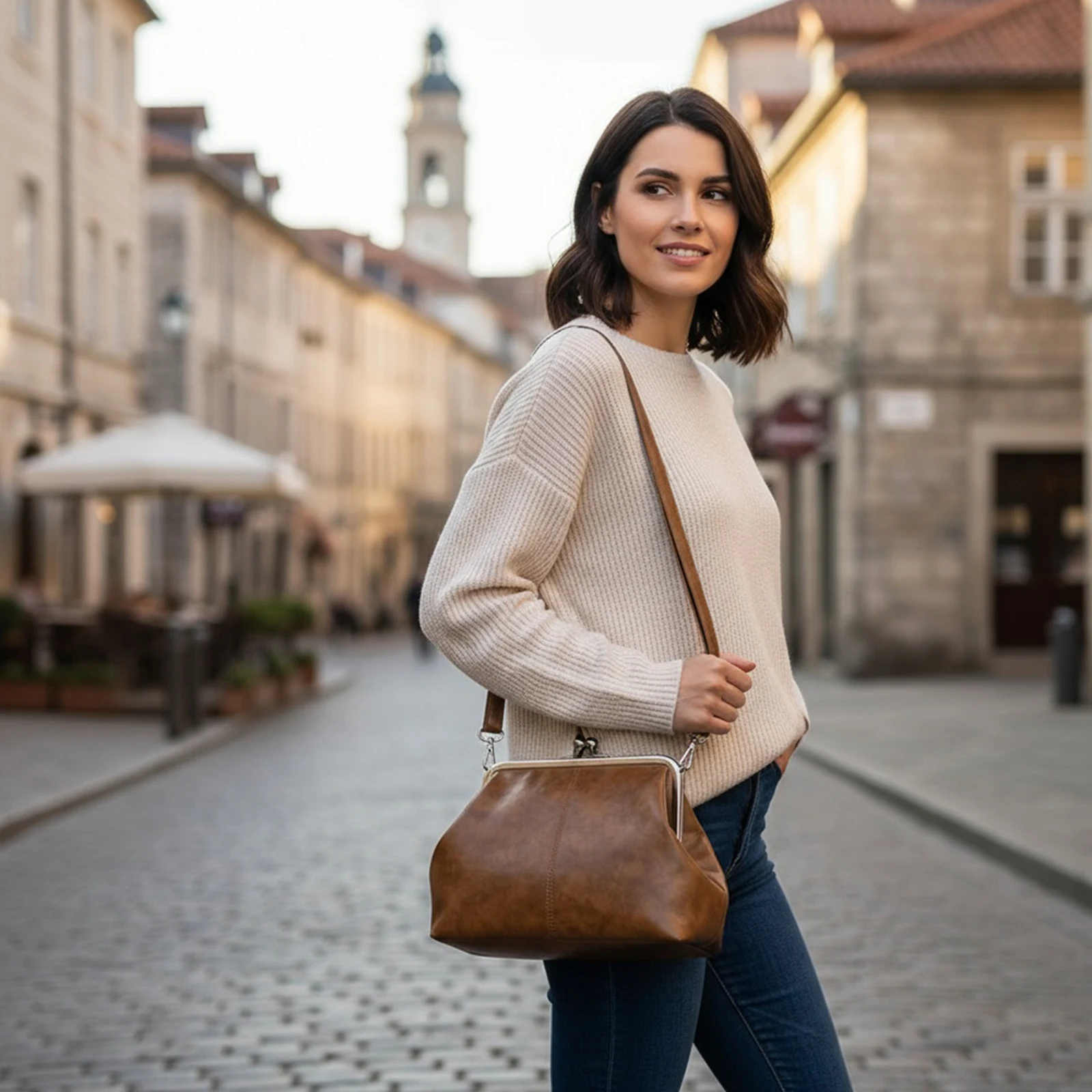 Women Girls PU Leather One Shoulder Crossbody Bag with Adjustable Strap (Brown)