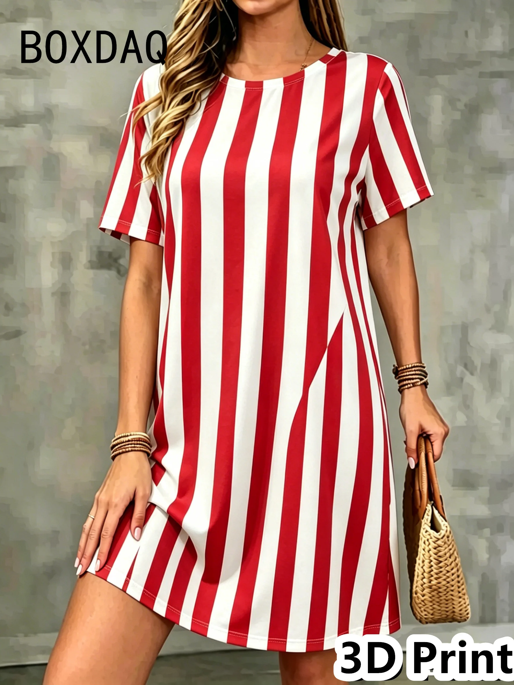 Sommerkleid für Damen mit kurzen Ärmeln, modisches Casaul-Kleid mit geometrischem vertikalem Streifenmuster, Damenbekleidung, 3XL, große Größe