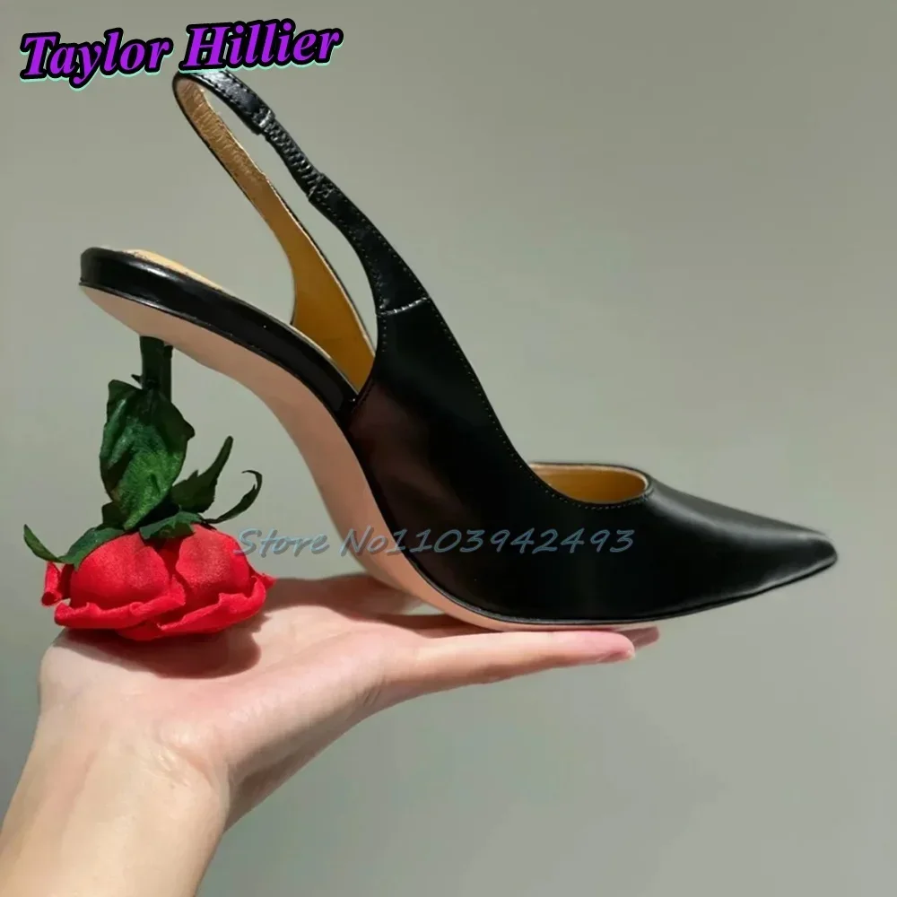 

Sexy Rose Heeled Sandals Pointed Toe High Heels Red Blossom Strange Style Slingback Summer Shallow Solid Pull On Designer Shoes