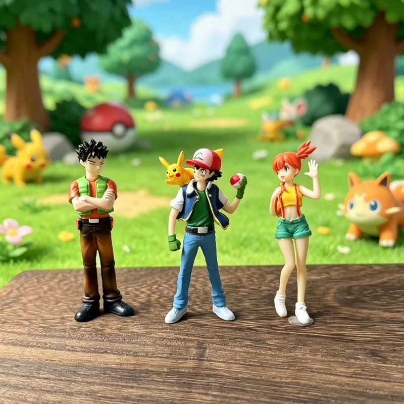 Anime Pokémon 8cm Ash Ketchum Misty Brock PVC modelo requintado feito à mão, enfeite de mesa, brinquedo colecionável, presente.