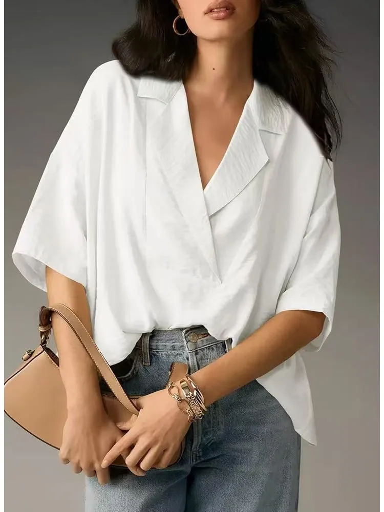 

Fashion Office Solid Shirt Lady Casual V Neck Pullover Loose Shirts Top For Women Elegant Womens Clothing Spring Summer New 2025