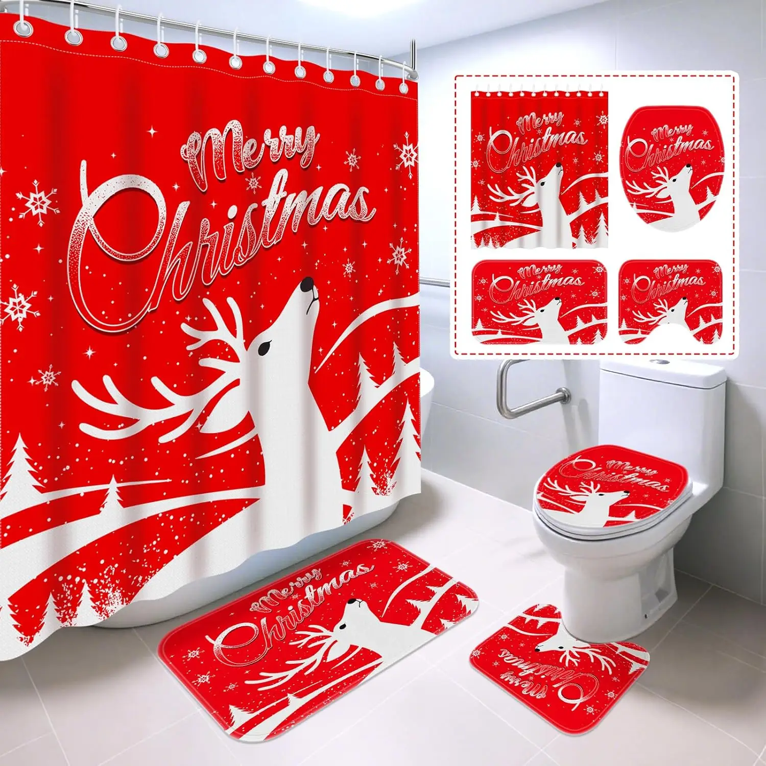 

4-х шт. Рождественский набор занавесок для душа с ковриками, красные зимние рождественские водонепроницаемые занавески для душа с оленями для ванной комнаты с нескользящими ковриками