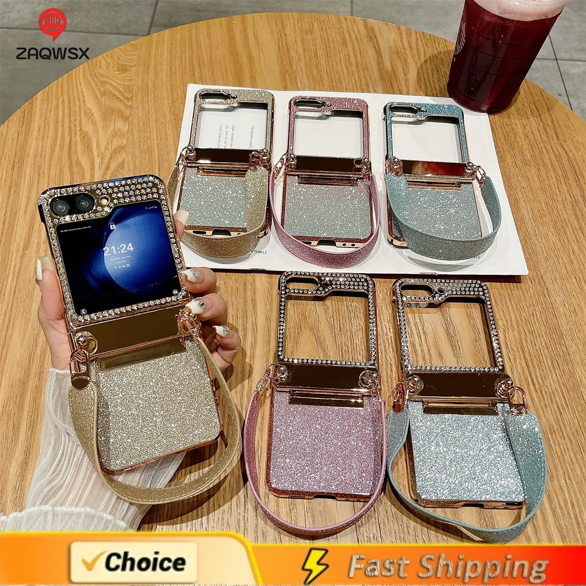 Phone Case for Samsung Galaxy Z Flip 5 Flip6 5G Rhinestone Camera Edge Glitter Trim With Starry wristbandElectroplated Plastic