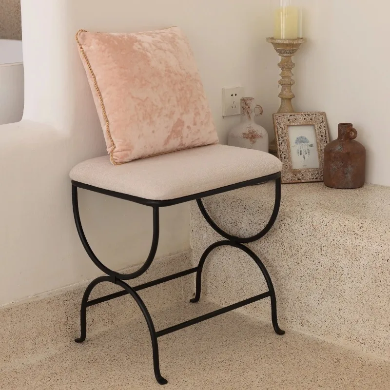 Mid-Century Vanity Stool, Metal Legs Ottoman with Linen Upholstery, Small Ottoman for Bedroom, Rolling Shoe Bench for Hallway