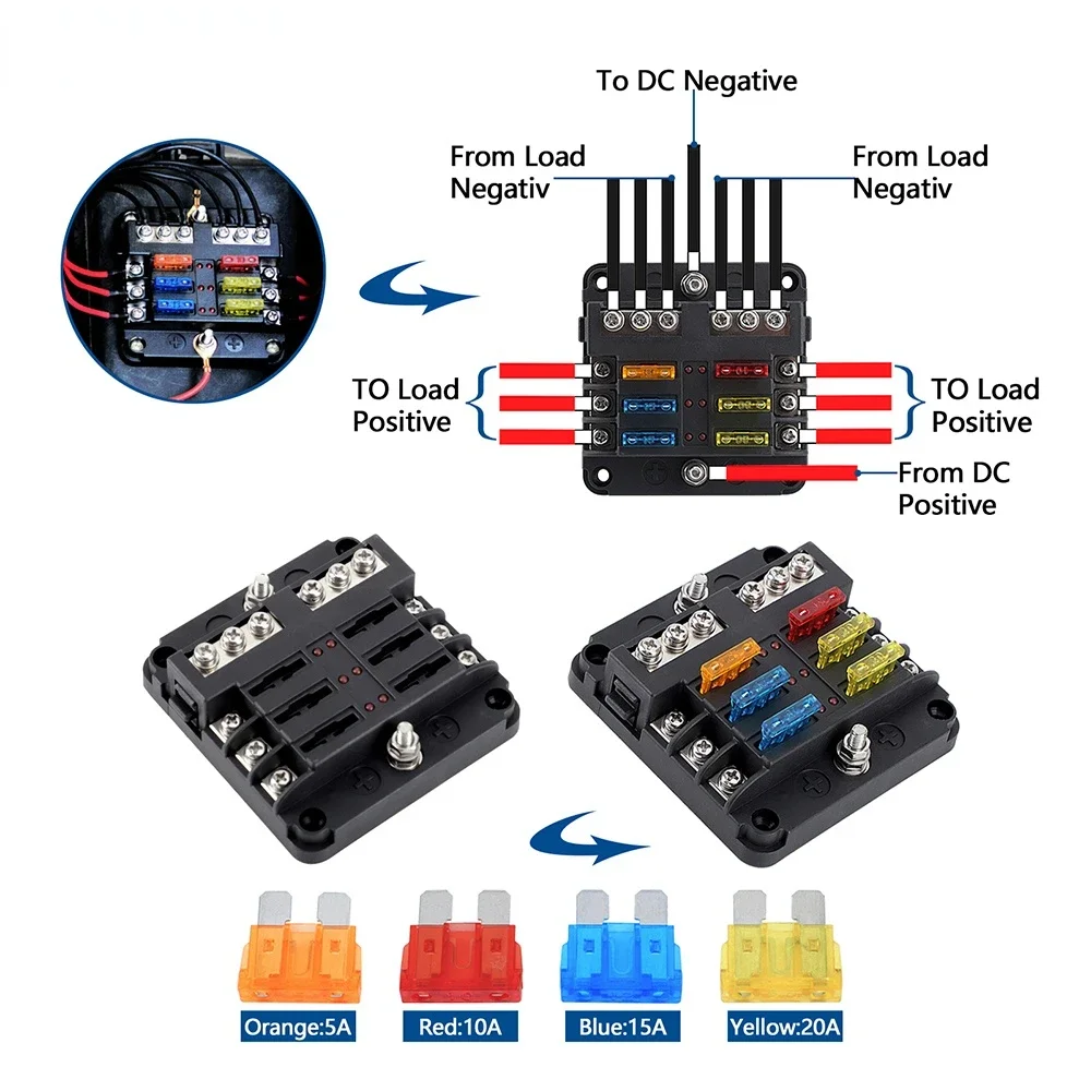 6 Ways 12 Ways Blade Fuse Block M5 Stud With LED Indicator Ligh Fuse Box Holder 32V 100A For Auto Car Boat Marine Plastic Cover