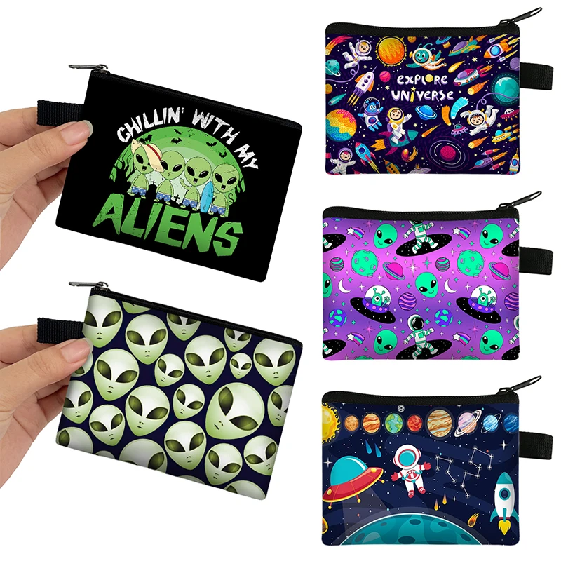 Alien UFO Print Coin Purse Women Money Bags Astronaut Universe Galaxy Planet Card Key Earphone Holder Small Wallet Zipper Pouch