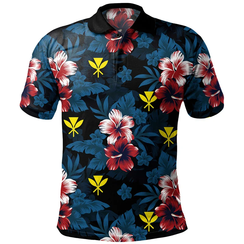 Colorful Polynesian Graphic Polo Shirt For Men 3d Print Hawaiian Lapel Short Sleeves Oversized Button Tees Casual Street T-Shirt