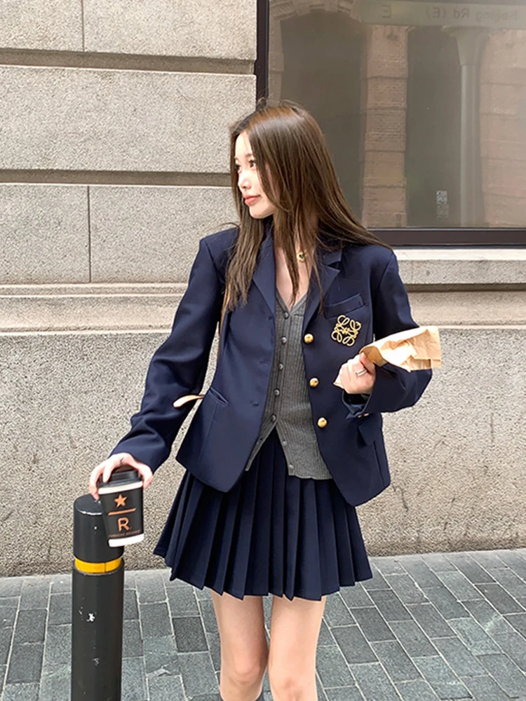 Minceur coréen collège Faion bleu costume Jaet et jupe plissée ensemble femmes automne nouveau Sle deux pièces costume