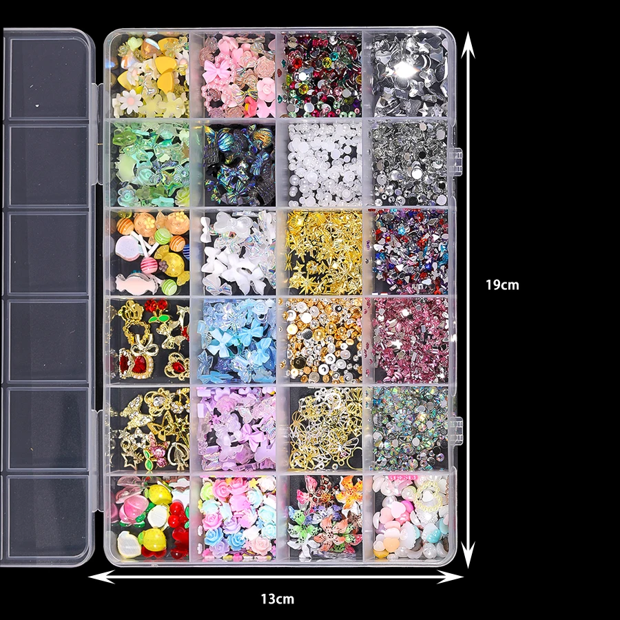 24 Grids Mixed Nail Charms Kit Multi‑Style Alloy Resin Rhinestone Nail Decorations With Tweezers Pick Up Pen For DIY Manicure Supplies