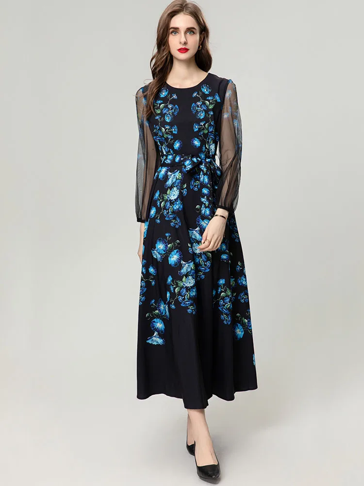 

Spring Summer Party Holiday Long Dress Fashion Flower Printing Elegant Beading High Street Vestidos