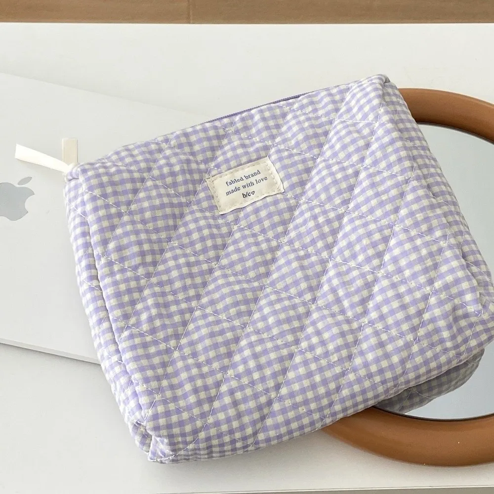 카와이 코튼 메이크업 가방 체크 무늬 귀여운 스토리지 손목 가방 대용량 멀티 사이즈 화장품 주최자 여행용