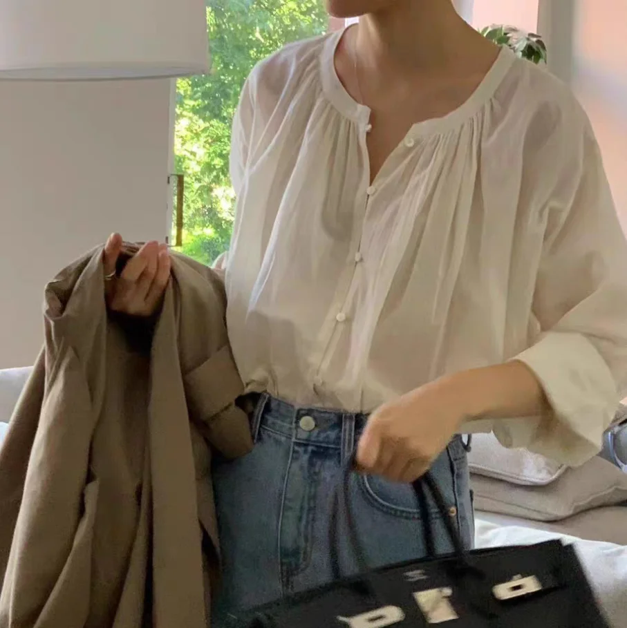 Loose Fit rotondo Ne oulder Insert irt Pure Color Lazy Sle Casual Primavera Nuovo arrivo Top in cotone di qualità premium da donna