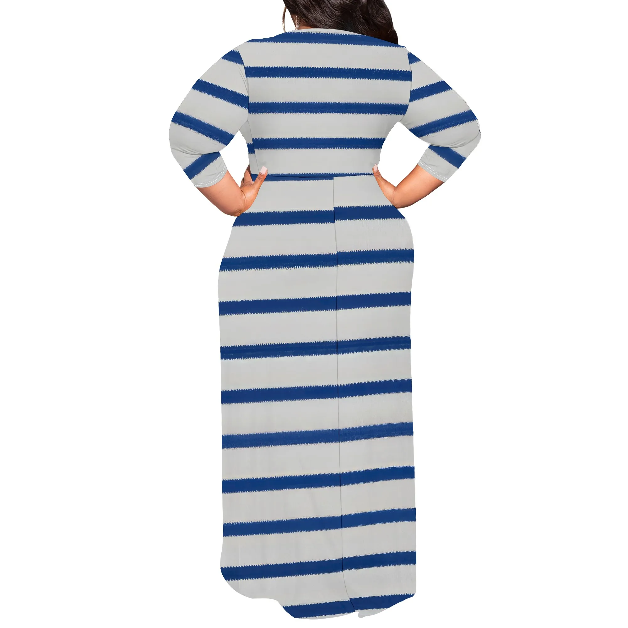 Striped V Neck Casual Waist Drawstring Daily Long Maxi Dress