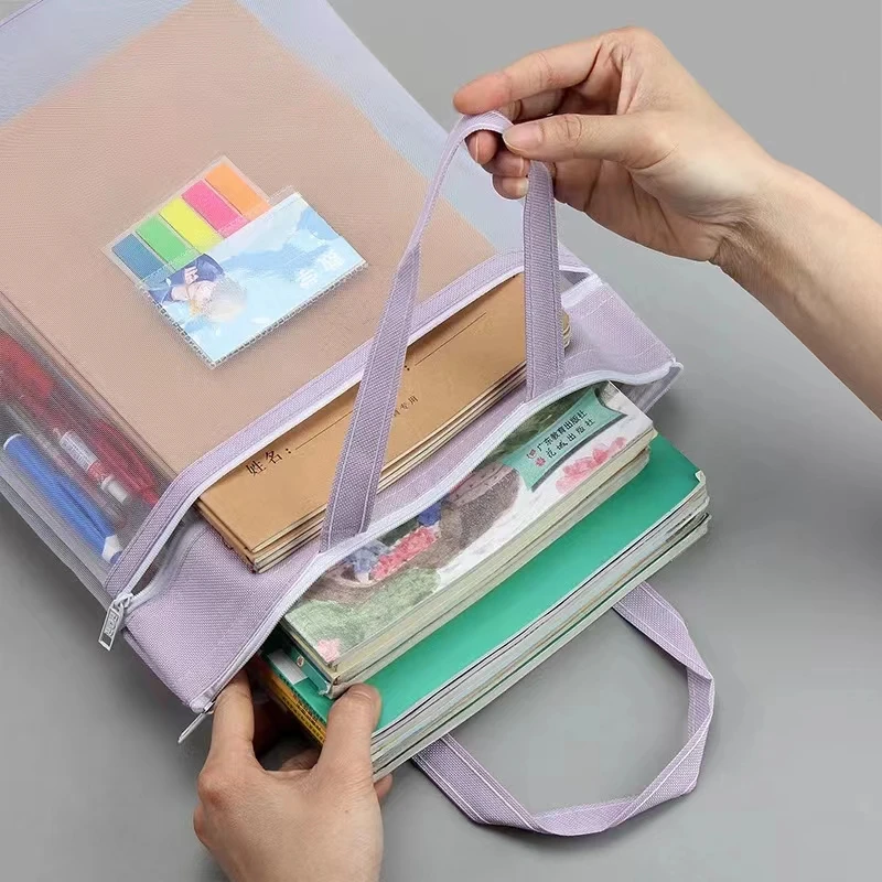 Mesh Zippered File Bag for Student Exams Stationery Holder Storage Bag with Handle Double Zipper Pencil Pouch School Supplies