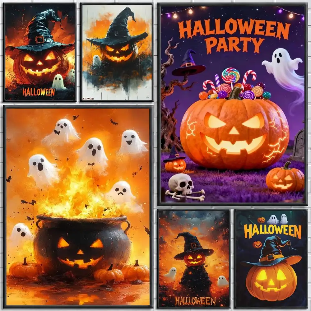 Halloween Jack O lantern Painting Calligraphy Stylish Canvas Poster Wall Art for Living Room Bedroom Cafe Office Decor Gift