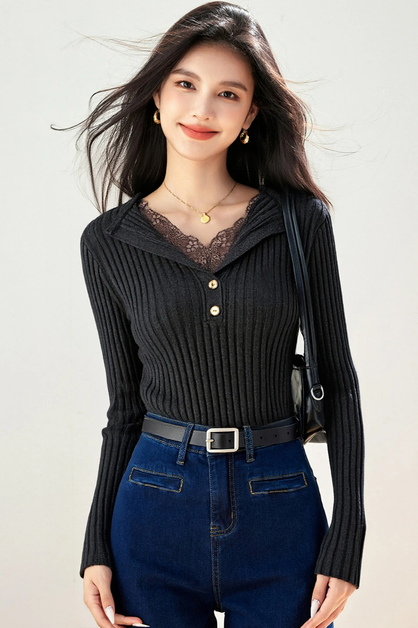 سترة محبوكة مرقعة من الدانتيل للنساء للخريف والشتاء بتصميم زر تحسس وطبقة قاعدة على شكل حرف V #5