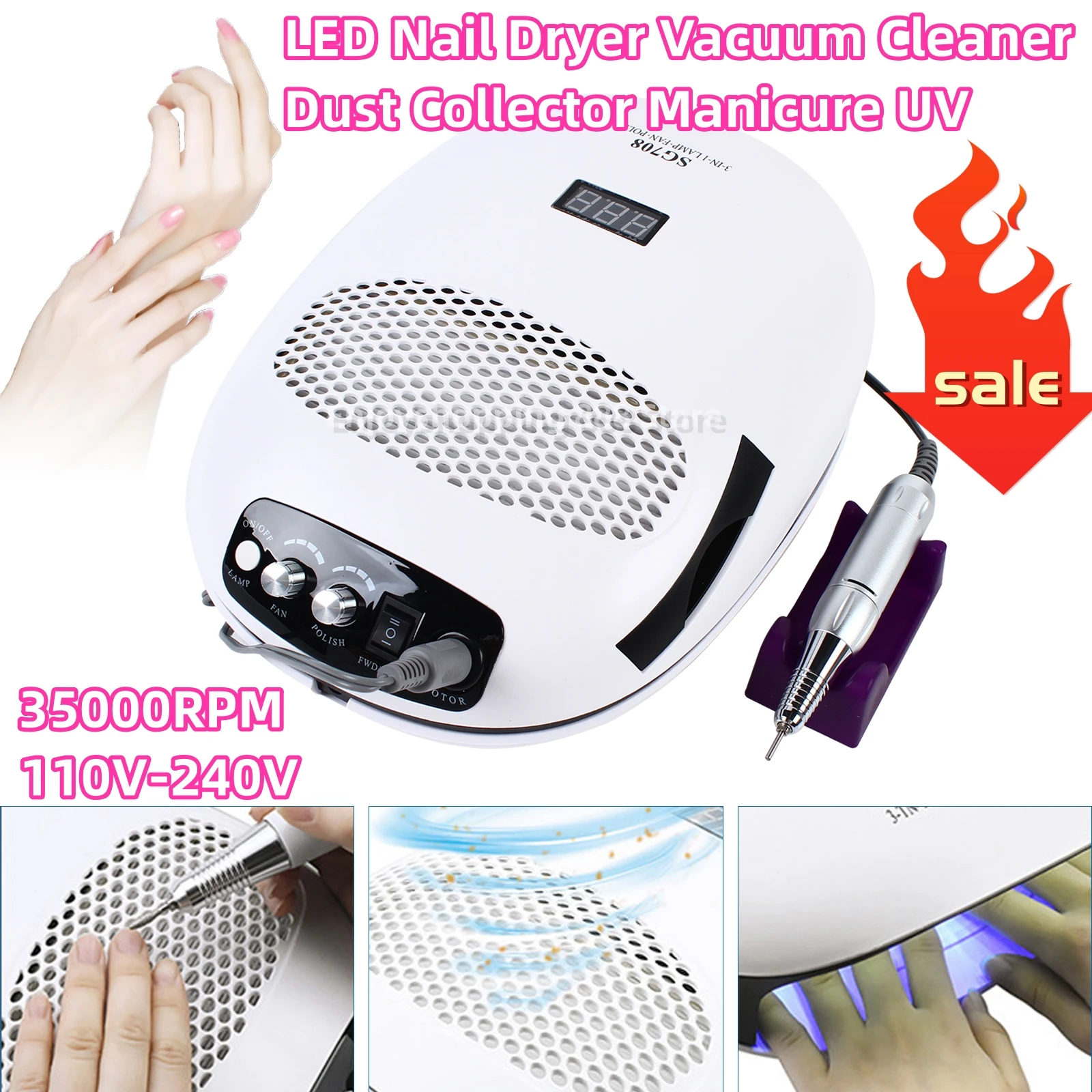 LED Nail Dryer Vacuum Cleaner Dust Collector Manicure UV Gel Curing Lamp White 110V-240V