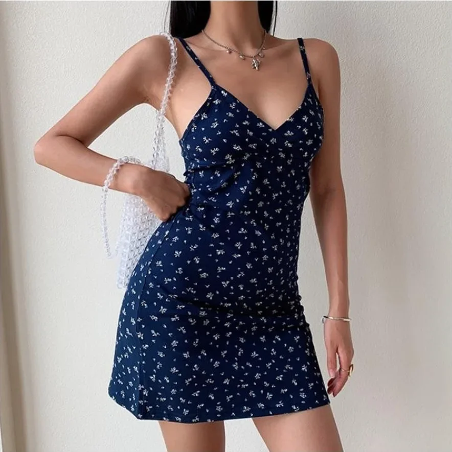 Summer New Sleeveless Vintage Floral Spaghetti Strap Dress Women Clothing V-neck Backless Fashion Camisole Female Dresses