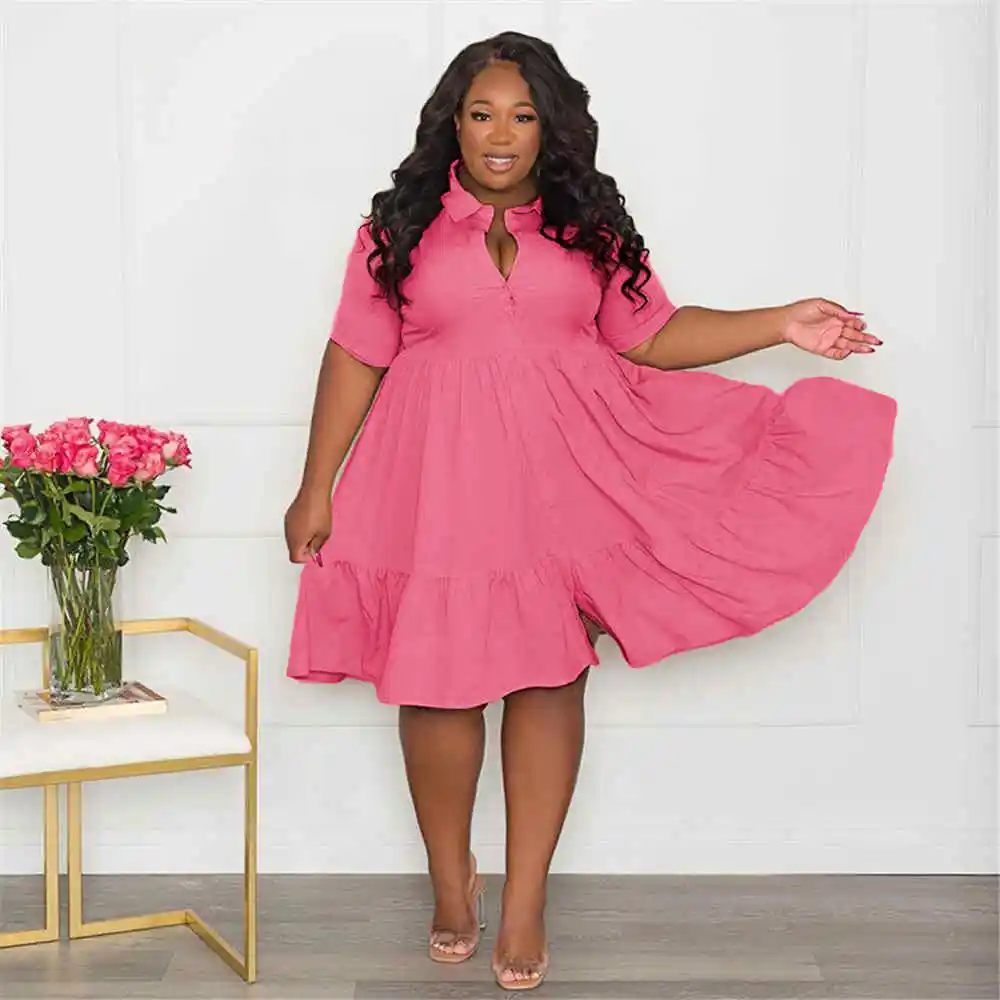 Wmstar Plus Size Summer Dresses Women\'s Clothing Solid Elegant Casual Cute Ball Gown Shirts Mini Dress Wholesale Dropshipping