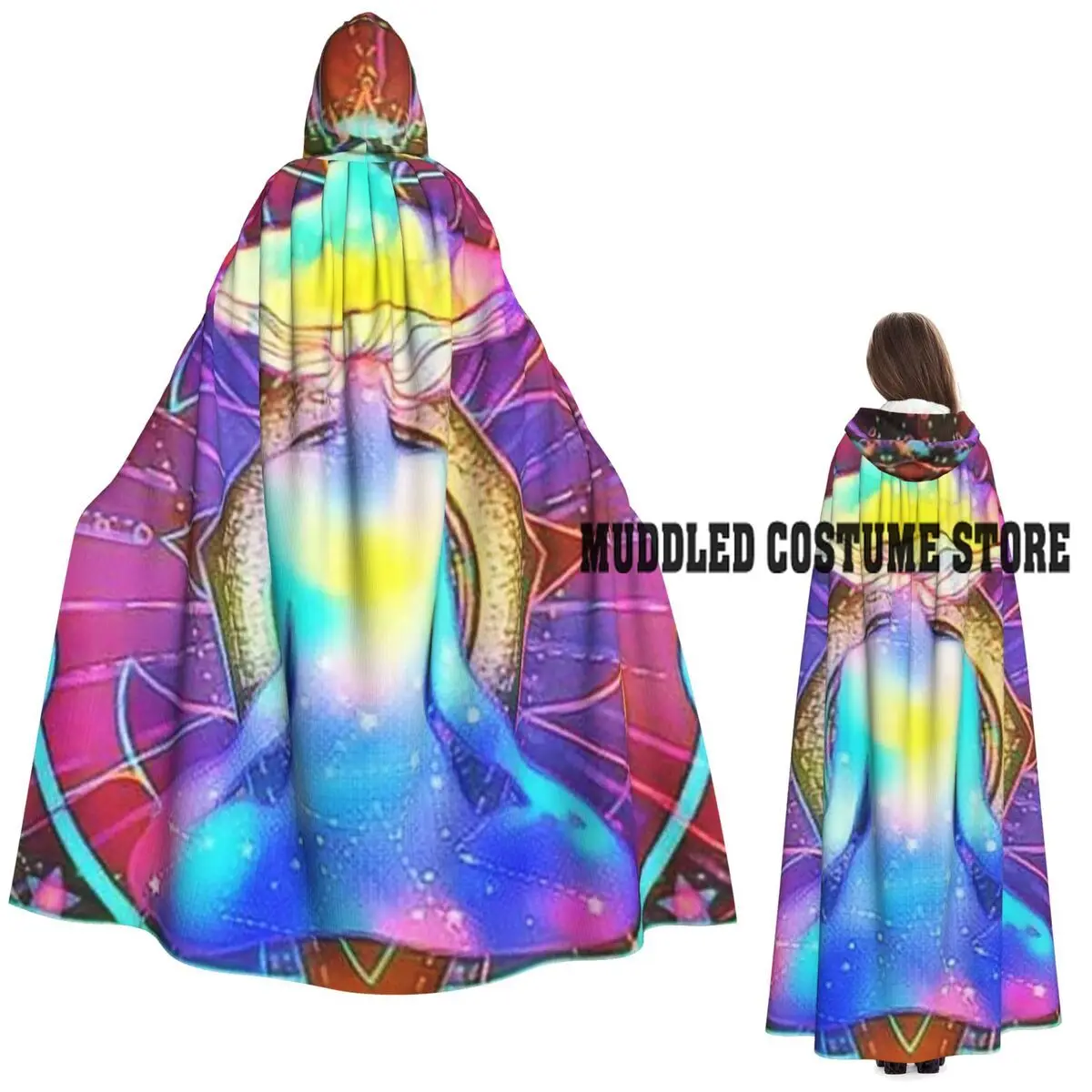 

Illusory India Mandala Psychedelic Buddha Mushroom Zen Long Hooded Cloak Witch Medieval Costume Cosplay Cape HalloweenVampire