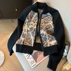 French style contrast heavy industry embroidery stand collar zipper sweater cardigan women's autumn loose casual knitted coat