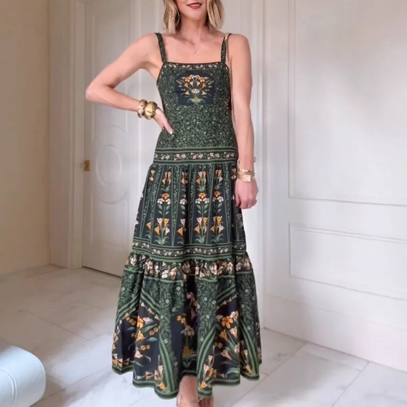 에스닉 빈티지 프린트 A라인 보헤미안 드레스 여성 봄 슬래시 넥 홀터넥 슬링 드레스 신상 여름 백리스 지퍼 플리츠 롱 드레스