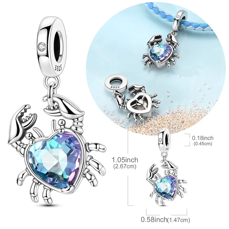 

Original Real 925 Sterling Silver Charm Bead Shine Glass Heart Crab Pendant Fit Original Bracelets Necklace DIY Jewelry Gift