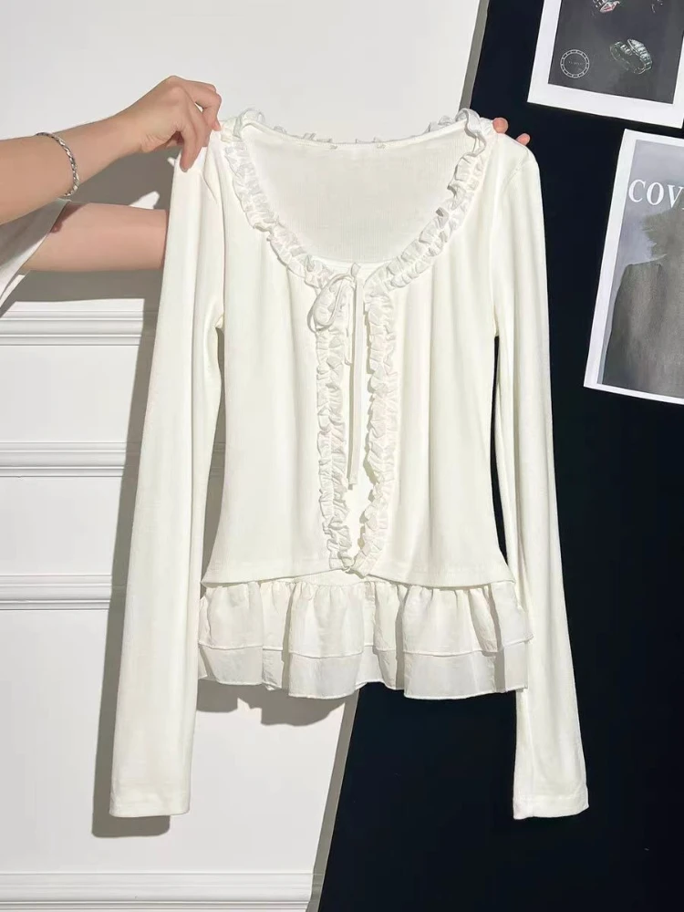 Deeptown Sweet White T-shirts Women Korean Style False Two-piece Ruffles Tops Elegant Coquette Bow Kawaii Long Sleeve T-Shirts