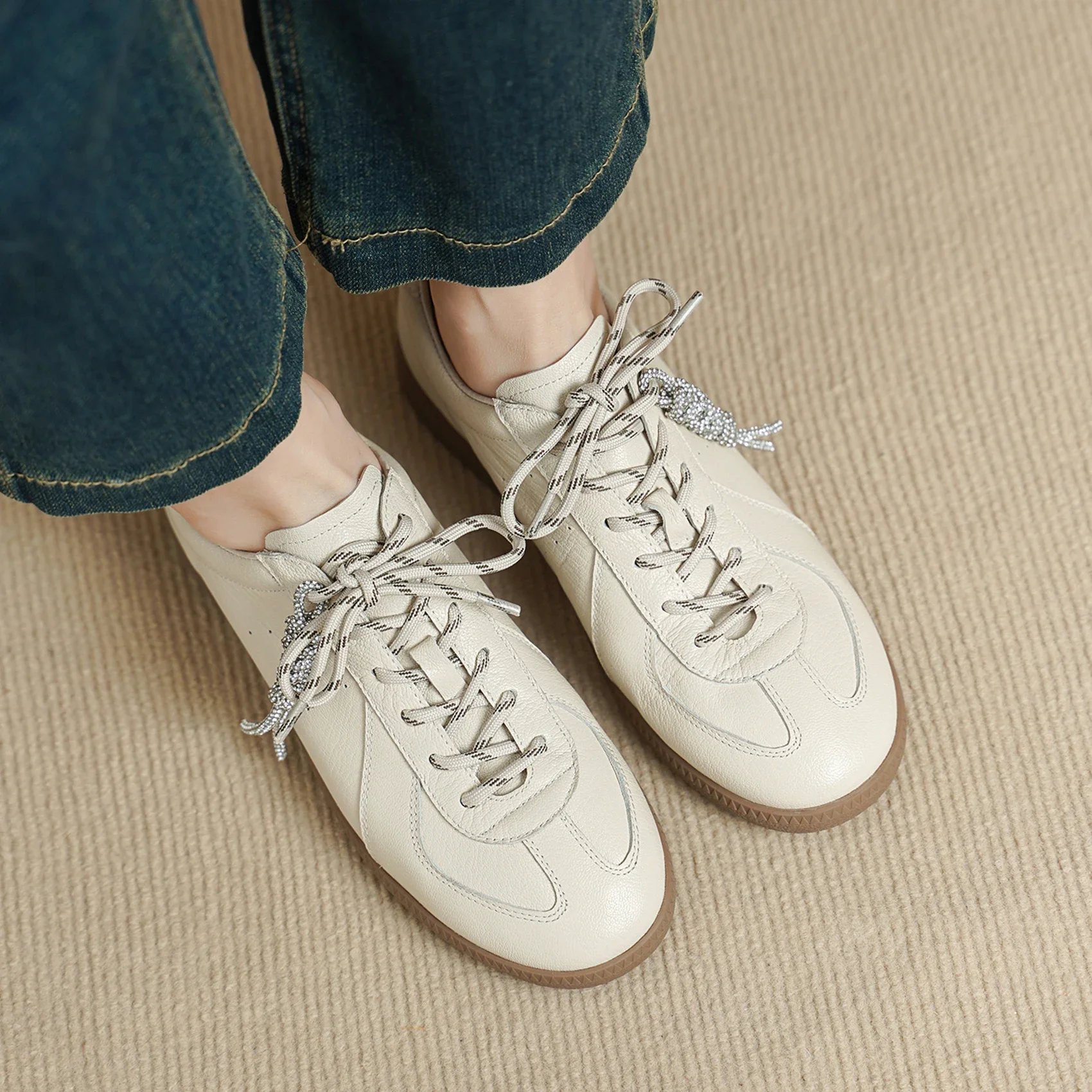 Genuine Sheepskin Women Minimalist GAT Sneakers Retro German Army Trainers Lace Up Gum Sole Pigskin Lining Spring Autumn Shoes