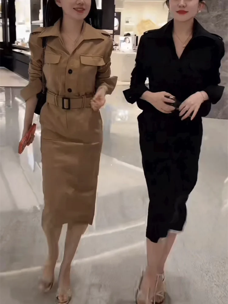 Elegant British Style Midi Dress with Belt Slimming Waist Design Autumn New Arrival Women's Fashion High-End Feelings Gown