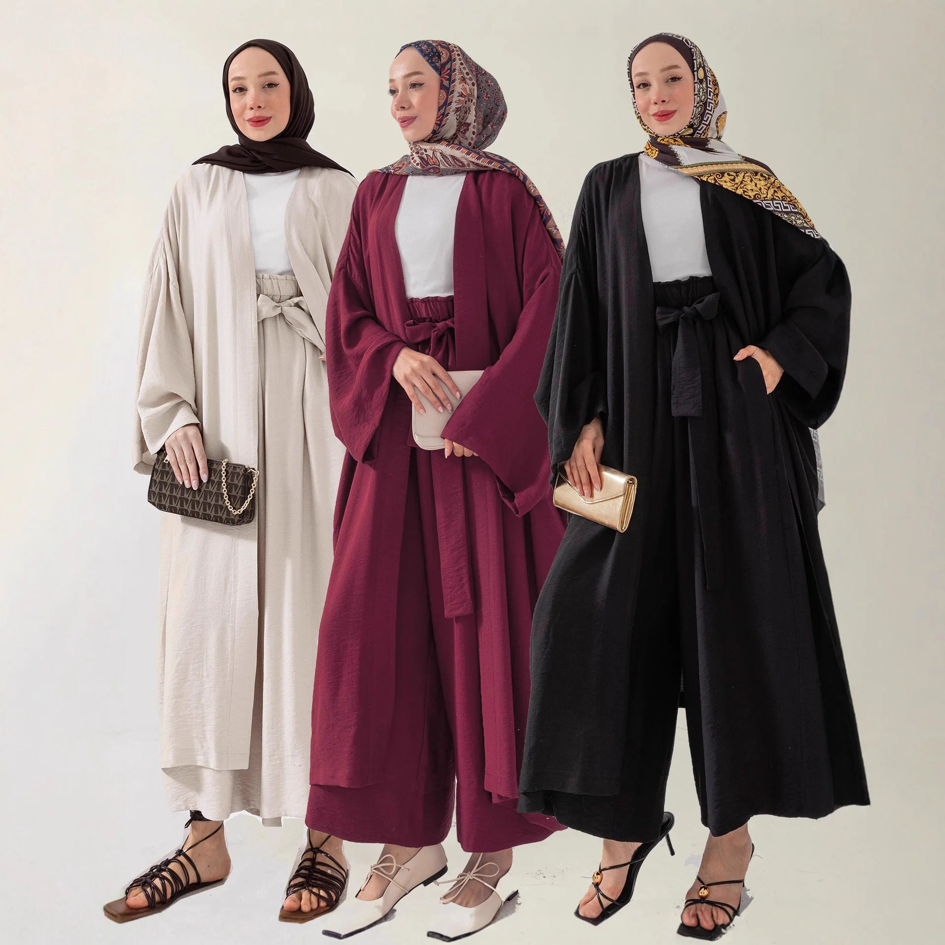 Eid Suit Cardigan Wide Leg Pants Women 2 Piece Sets Muslim Long Robe Trousers Dubai Ensemble Modest Outfits Morocco Ramadan