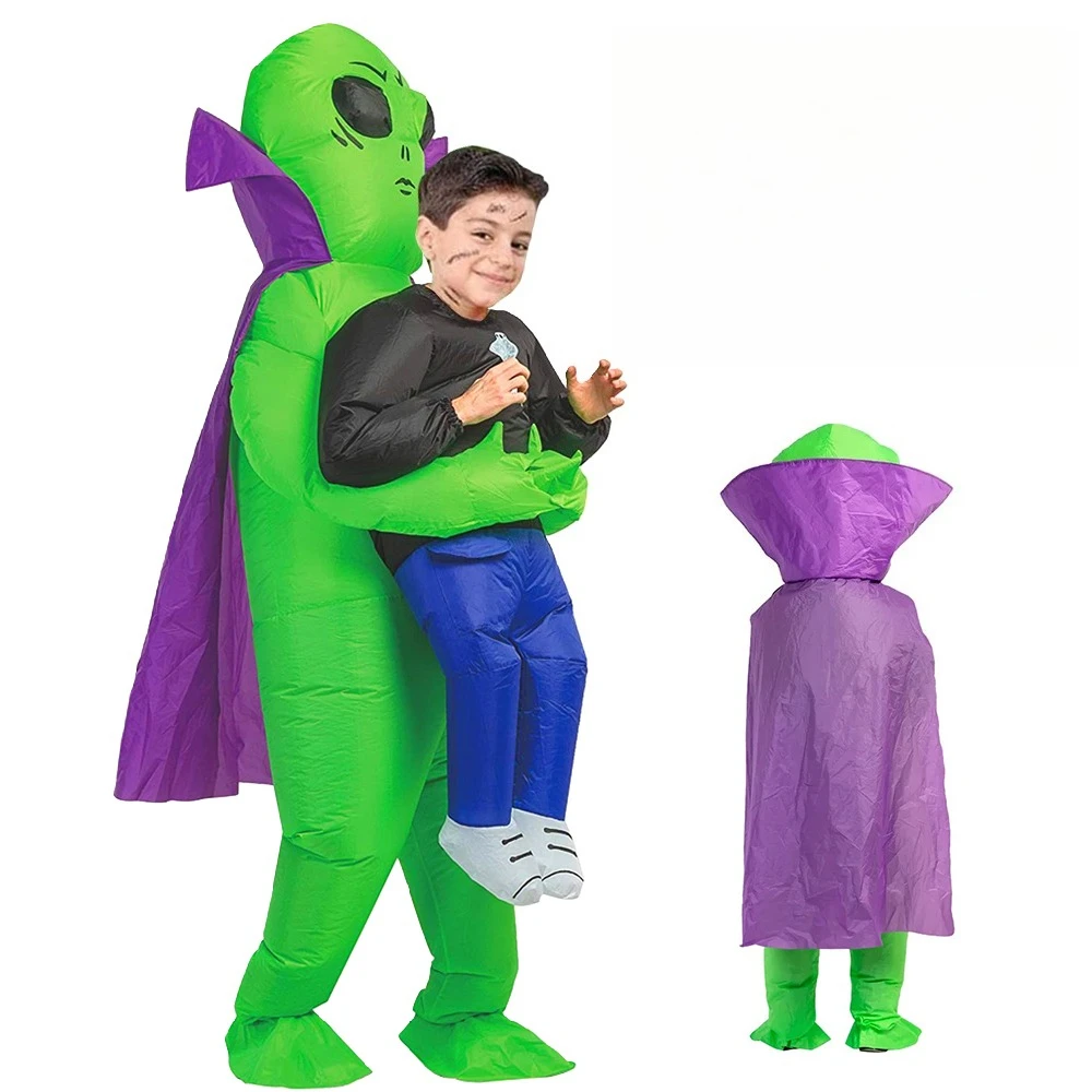 Aufblasbares Kostüm mit geheimnisvollem lila Umhang, aufblasbarer Anzug für Körpergröße 120-150 cm, Halloween, Karneval, Familienfeier, Campus-Veranstaltung, Cosplay, Faschingskostüm, grün