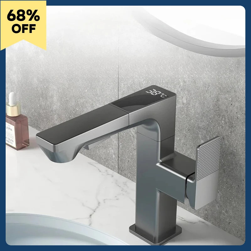 

Square Pullout Faucet w/ Dig Display, Dual Spray/Stream, Hot/Cold, 360 Swivel, Lead-Free Brass, Wtr-Saving, Easy Instl, Sink