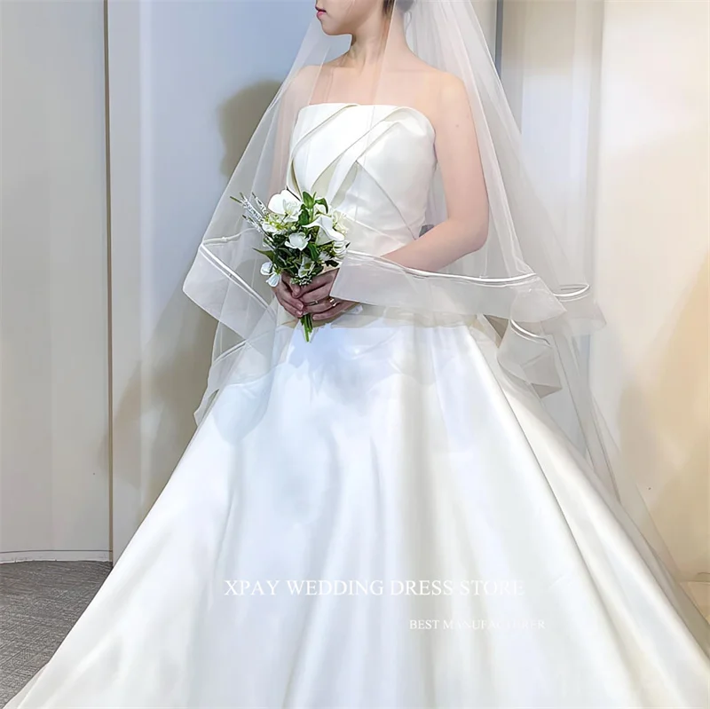 XPAY Korea A Line Wedding Dresses Korea Women Strapless Good Quality Satin 60-80 cmTrain Bridal Gowns Custom Made Veil Long