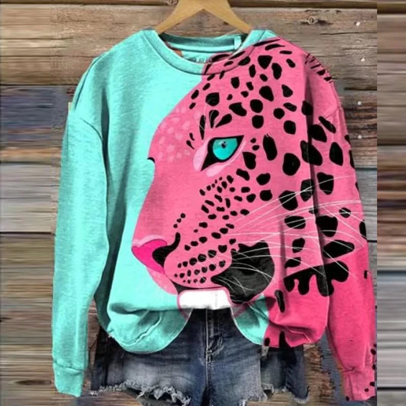 Women Hoodie Retro Round Collar Tiger Pattern 3D Print Sweatshirts  Autumn Winter Long Sleeve T-Shirt Female Loose Pullover Tops