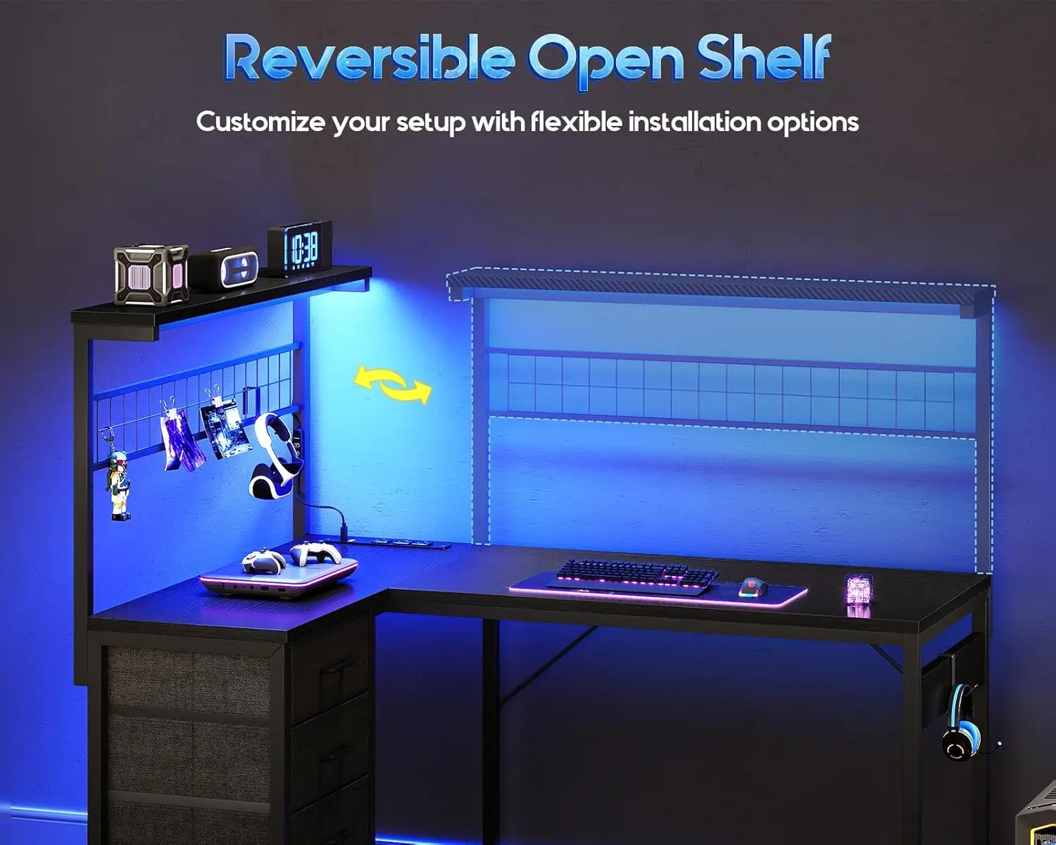 L-Shaped Gaming Desk with Shelf, 4 Drawers, LED Light, Reversible, Black